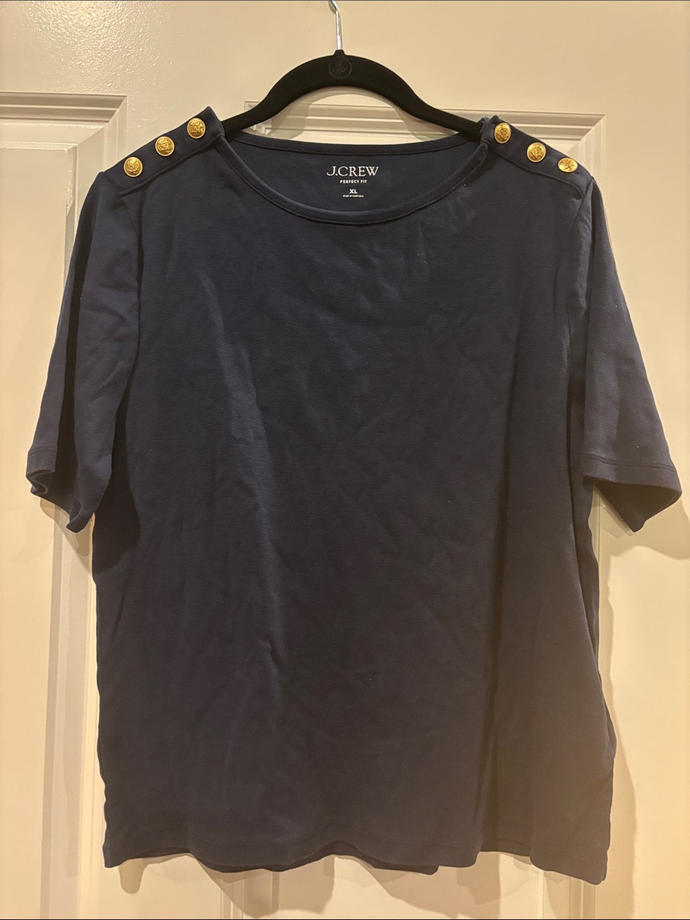 J. Crew Navy Short-Sleeve Tee with Gold Shoulder Buttons